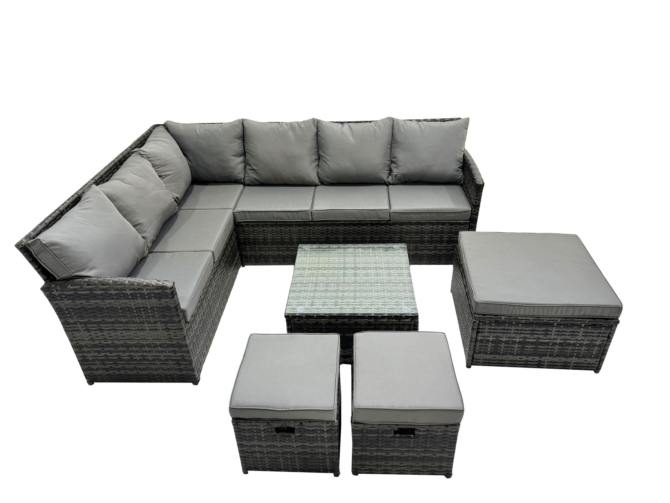 GARTENGARNITUR mit Ecksof,Couchtisch,Stuhl Polyrattan Dunkelgrau 9-Sitzer - Dunkelgrau/Grau, Glas/Kunststoff - Fimous