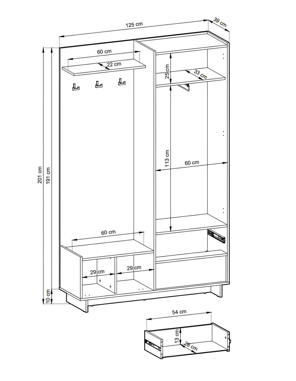 GARDEROBE SUNA 125 cm (Eiche Karamell, Spiegel, Sitzkissen, Push to Open) - Eichefarben, Holz/Holzwerkstoff (125/201/39cm) - Ravio