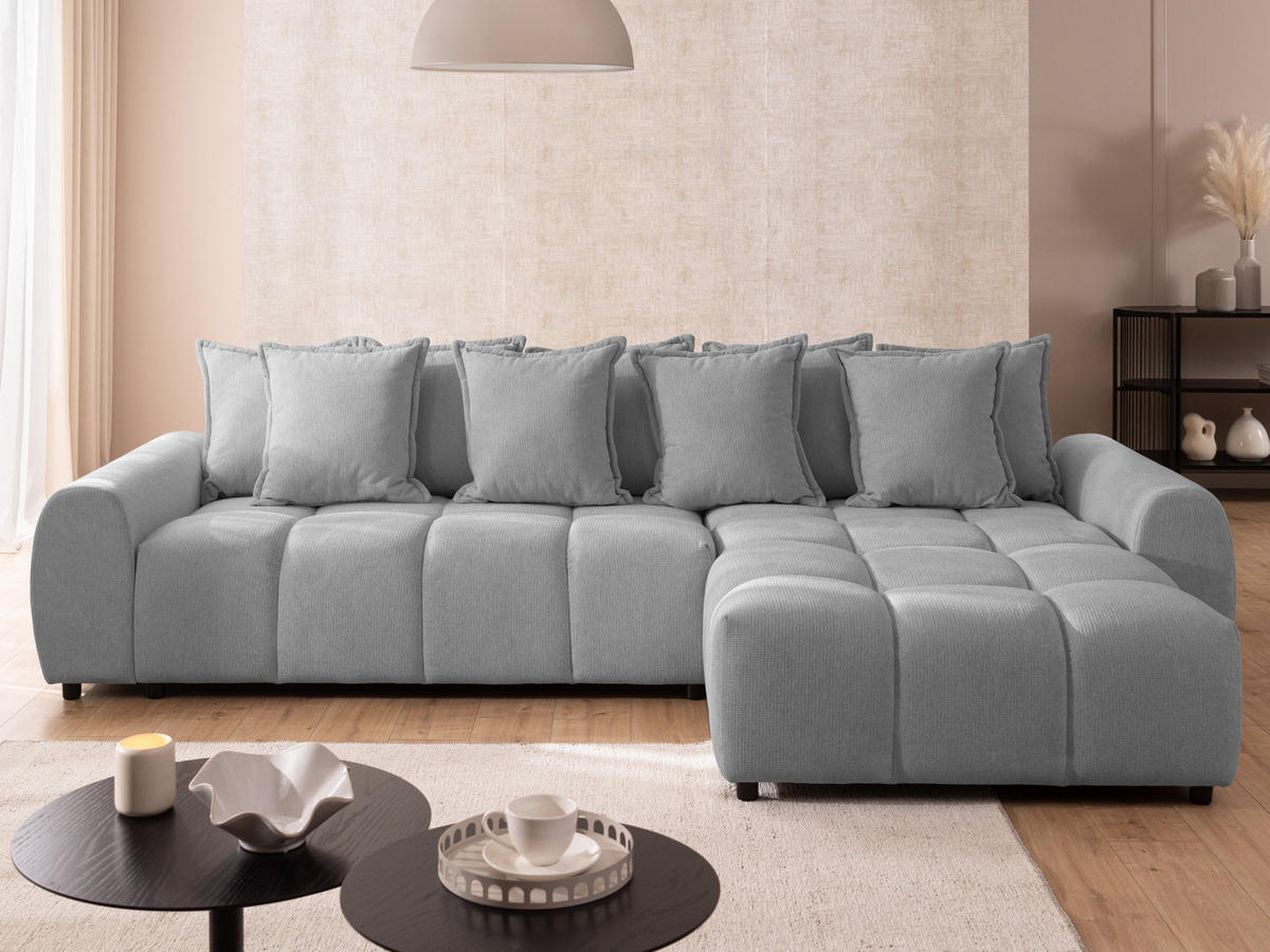 ECKSOFA Bubble mit losen Rückenkissen und Sitzfläche in Bubble-Optik aus weichem Grau Strukturstoff mit schöner Sitzkomfort - Ottomane rechts - Schwarz/Grau, Holz/Kunststoff (180/306cm) - S-Style Möbel