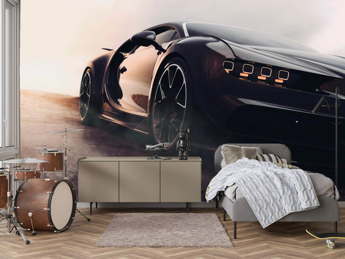 FOTOTAPETE für Jugendzimmer Schwarzer Sportwagen Wüste Luxus Auto Sand 300x210 - Gelb/Weiß, Papier (300/210cm) - Muralo