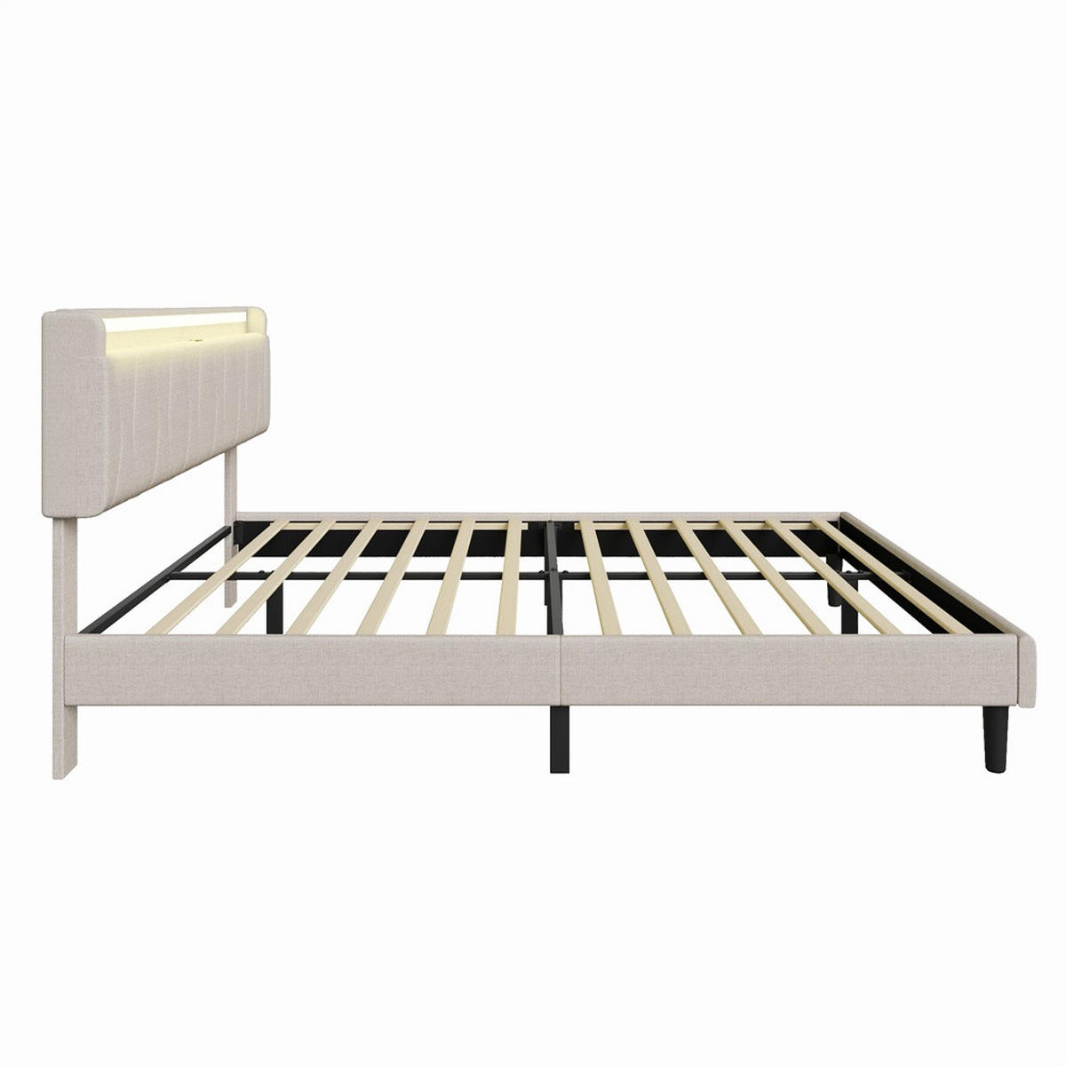 POLSTERBETT 140x200 cm mit LED-Beleuchtung - Kopfteil mit Ladefunktion - Gepolstertes Kopfteil - Beige - Beige, Textil (140/200cm) - DELFA