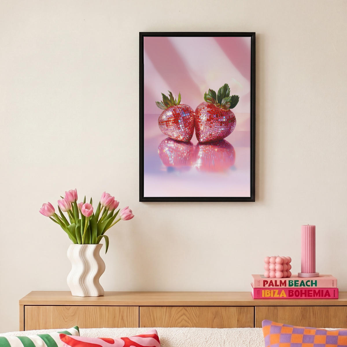 LEINWAND Bilder mit Rahmen - Disco - Obst - Glitzer - Erdbeere - 20x30 - Pink, Textil (20/30cm) - MuchoWow