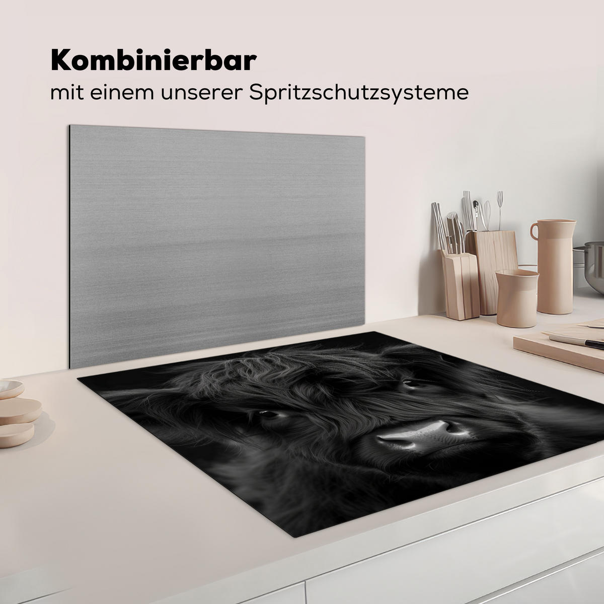 HERDABDECKPLATTE Scottish Highlander - Schwarz - Kalb - Kuh Induktionsmatte 78x78 cm - Schwarz, Kunststoff (78/78/0.2cm) - MuchoWow