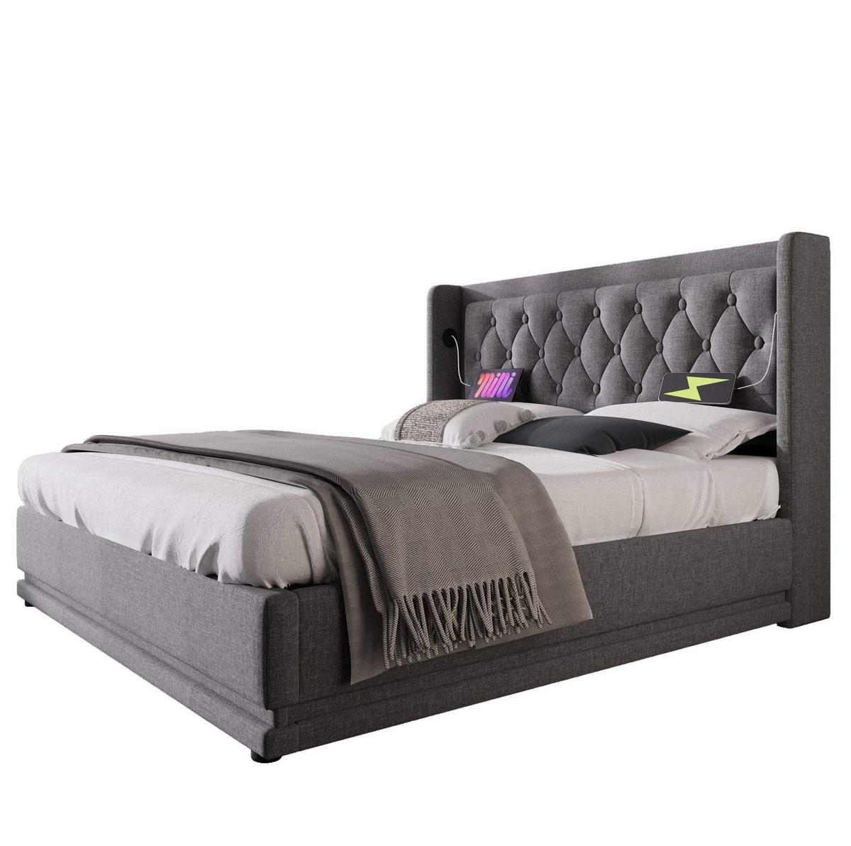 POLSTERBETT 180/200 cm Grau mit Stauraum, LED-Beleuchtung und USB-/Type-C-Anschlüssen - Grau, Textil (180/200cm) - Flora Grace