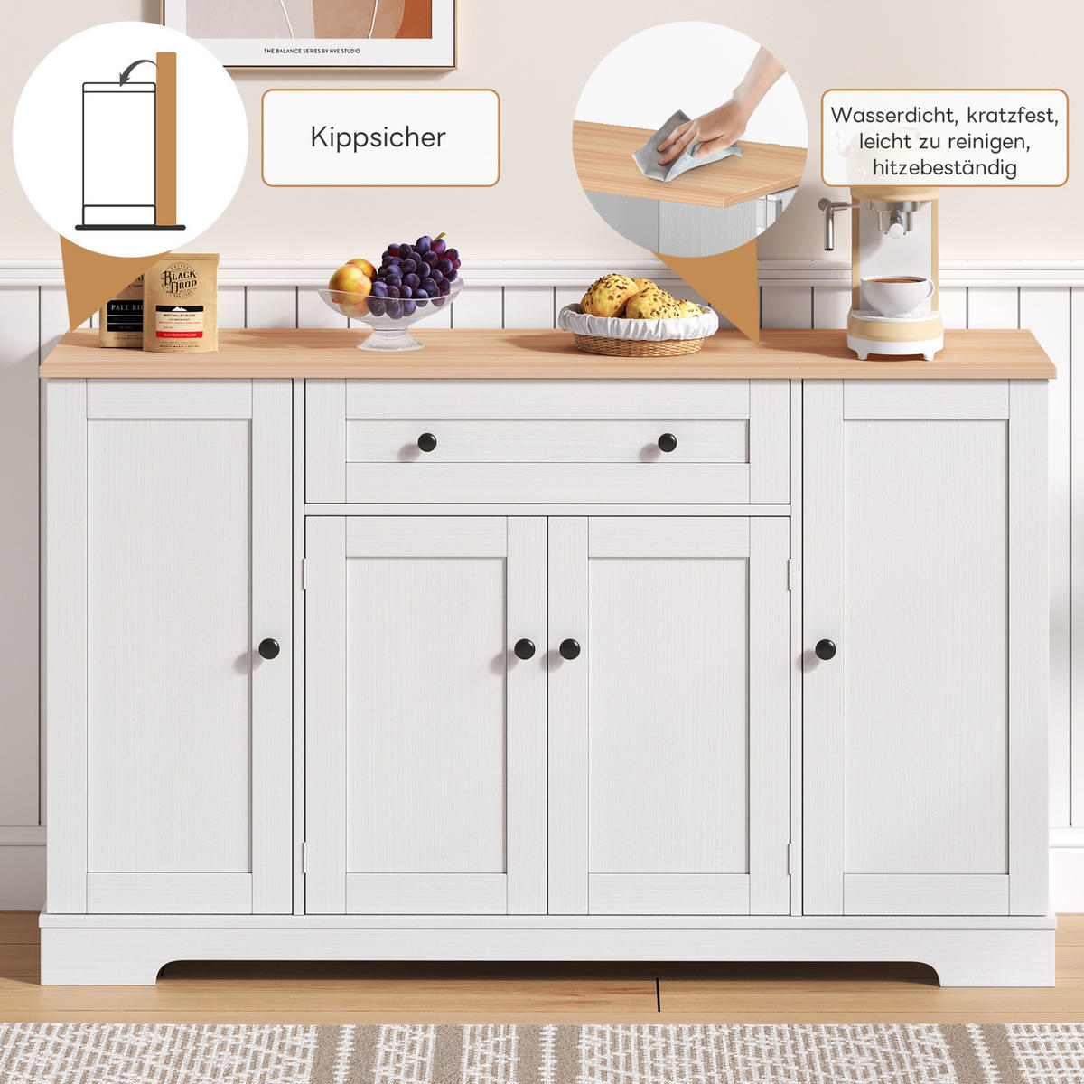 KÜCHENBUFFET 138/40/85 cm Natur/Weiß aus MDF mit verstellbaren Einlegeböden - Naturfarben, Holzwerkstoff (138/85/40cm) - OKWISH