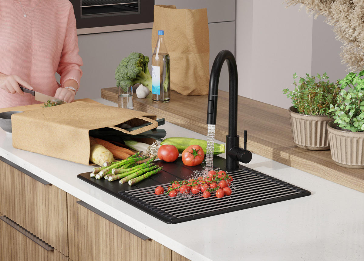 SPÜLBECKEN Kopenhagen, 2-er set Schwarz Metallic 55/50 cm 1 Becken + Ablauf-Set + Schneidebrett ab 40er Unterschrank - Chromfarben/Schwarz Hochglanz, Kunststoff (55/20/50cm) - Primagran
