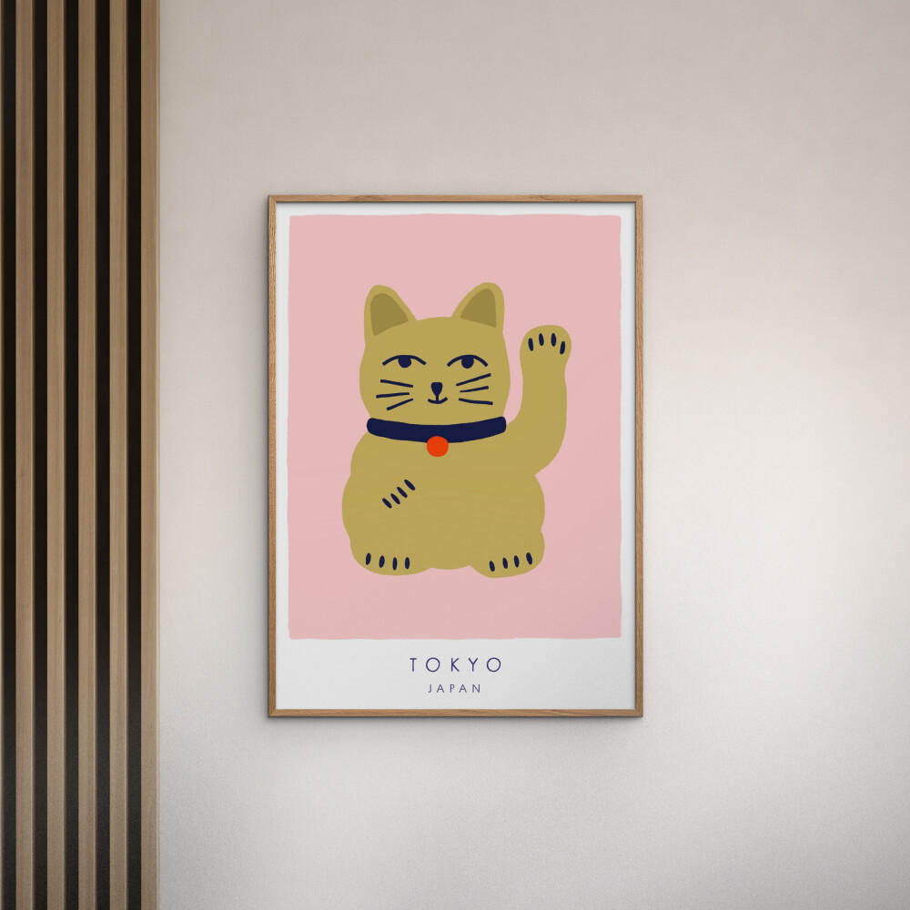 POSTER mit Rahmen Maren Gross - Maneki Neko, A Lucky Cat - Pink/Eichefarben, Holz/Papier (70/100cm) - Poster&Frame