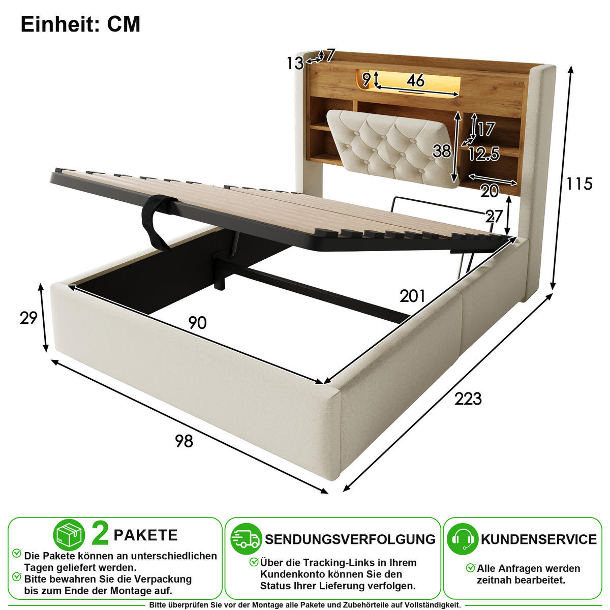ČALOUNĚNÁ POSTEL 90/200 cm v béžové barvě s úložným prostorem, LED a USB-C - béžová, kov/kompozitní dřevo (90/200cm) - CHICFURN