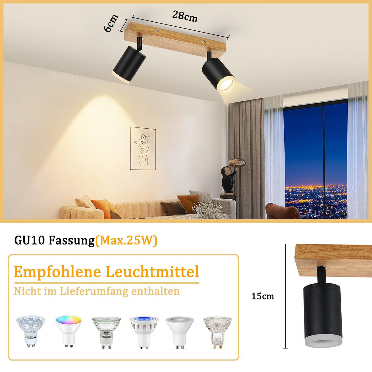 STRAHLER Darmstadt 2-flammig 28/6/15 cm - Schwarz, Holz (28/6/15cm) - Nettlife