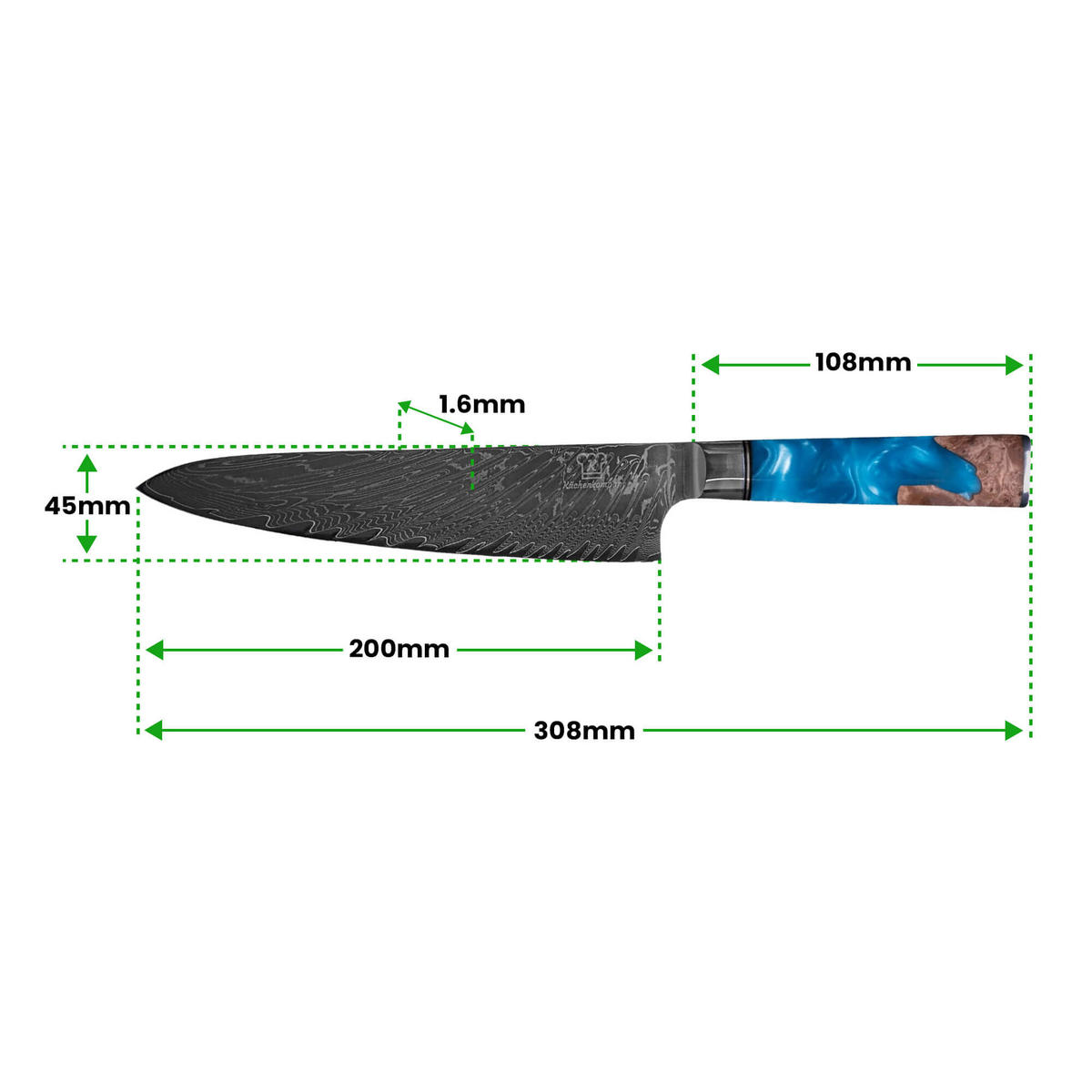 KOCHMESSER mit Klinge aus VG10 Damaststahl und ergonomischem Holzgriff - Blau, Holz (26cm) - Küchenkompane