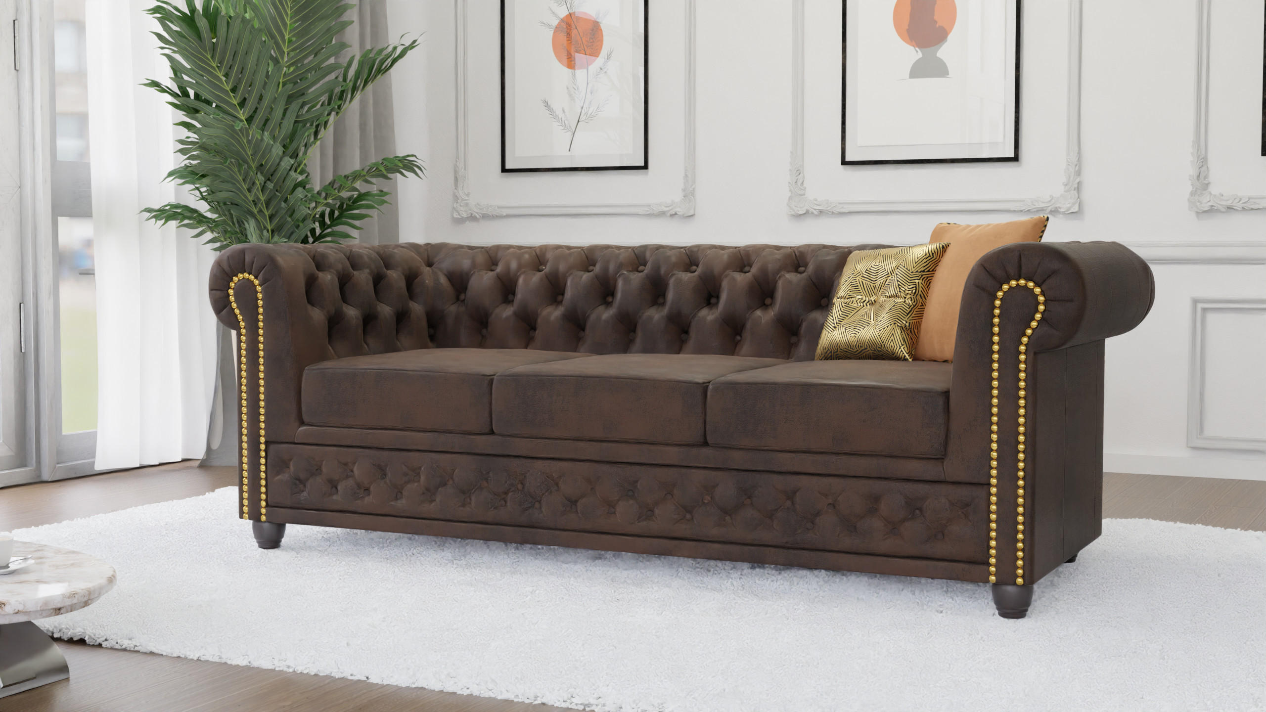 CHESTERFIELD-SOFA 3-sitzer mit Schlaffunktion Flux Dunkelbraun Microfaser Vintageoptik - Dunkelbraun/Braun, Holz/Textil (203/72/86cm) - S-Style Möbel