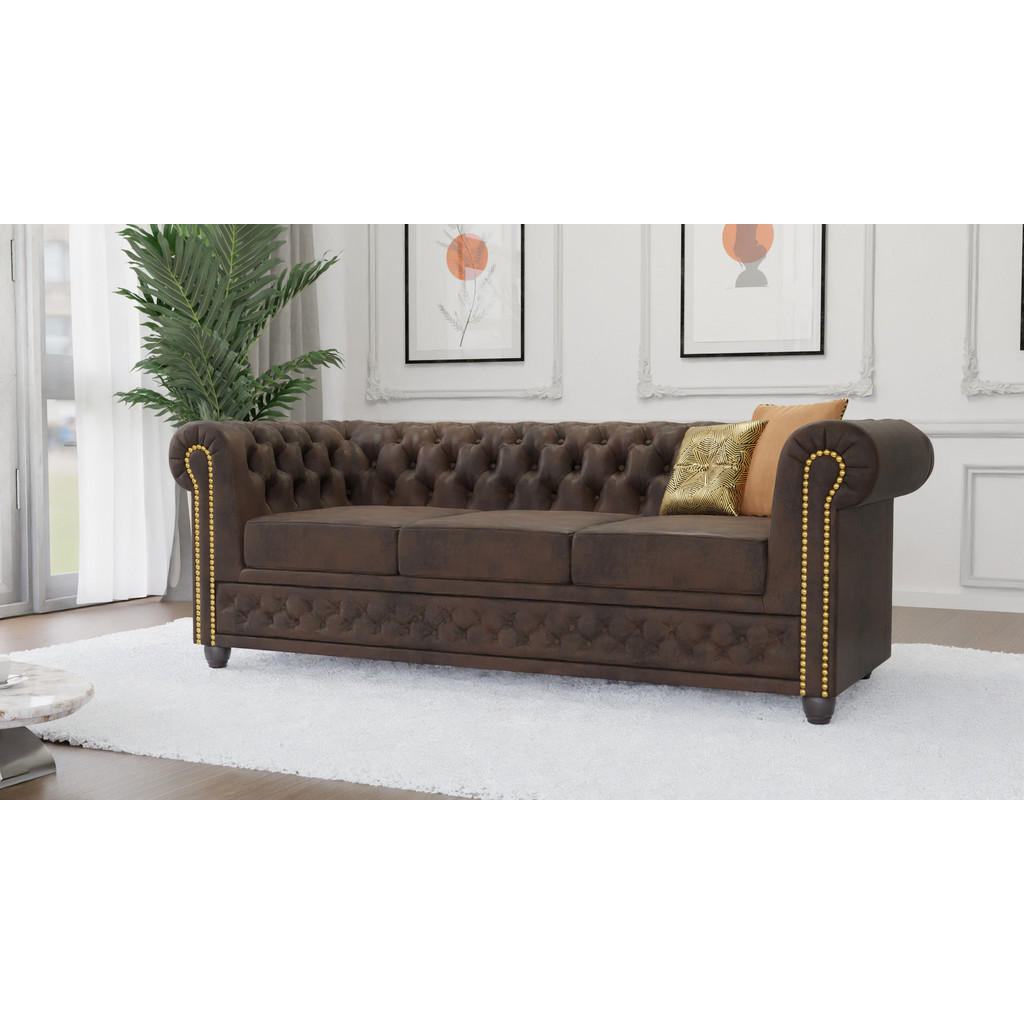 Thumbnail - S-Style Möbel Chesterfield-Sofa, Dunkelbraun, Textil, Echtholz,Birke, 3-Sitzer, Füllung: Silikon,Komfortschaum, 203x72x8...