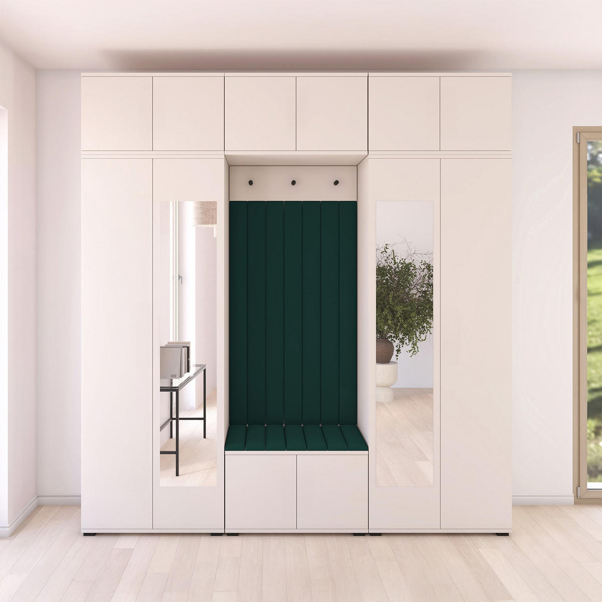 GARDEROBE Napoli version 12 mit Spiegel, mit POLSTERPANEELEN GRUN - Beige/Grün, Holzwerkstoff (210/225/40cm) - Jerpax