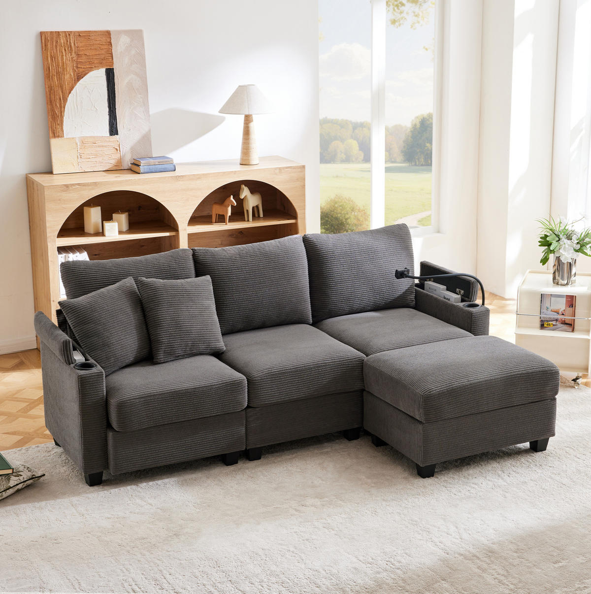 ECKSOFA 213,5/139/87 cm dunkelgrau aus Cord mit Hocker und USB - Dunkelgrau, Textil (139/213.5cm) - OKWISH