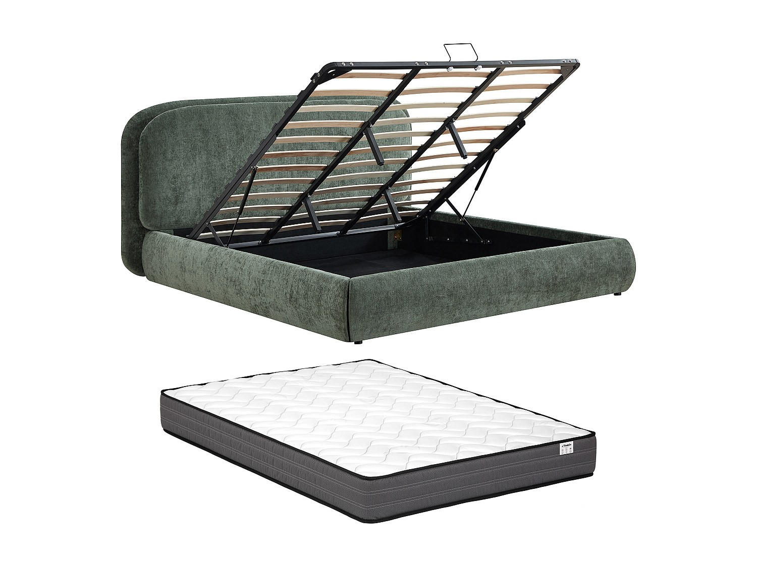 BETT mit Bettkasten - 2 Personen - Stoff - Grün - - Grün, Textil (160/200cm) - Vente-Unique