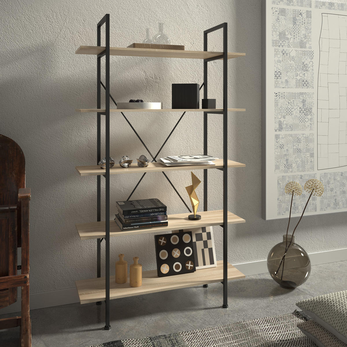 REGAL Glasgow,inklusive Kippschutz, 106 x 34,5 x 179,5 cm,Industrial Holz hell, Eiche Sonoma - Naturfarben, Holz (34.5/179.5/106cm) - tectake