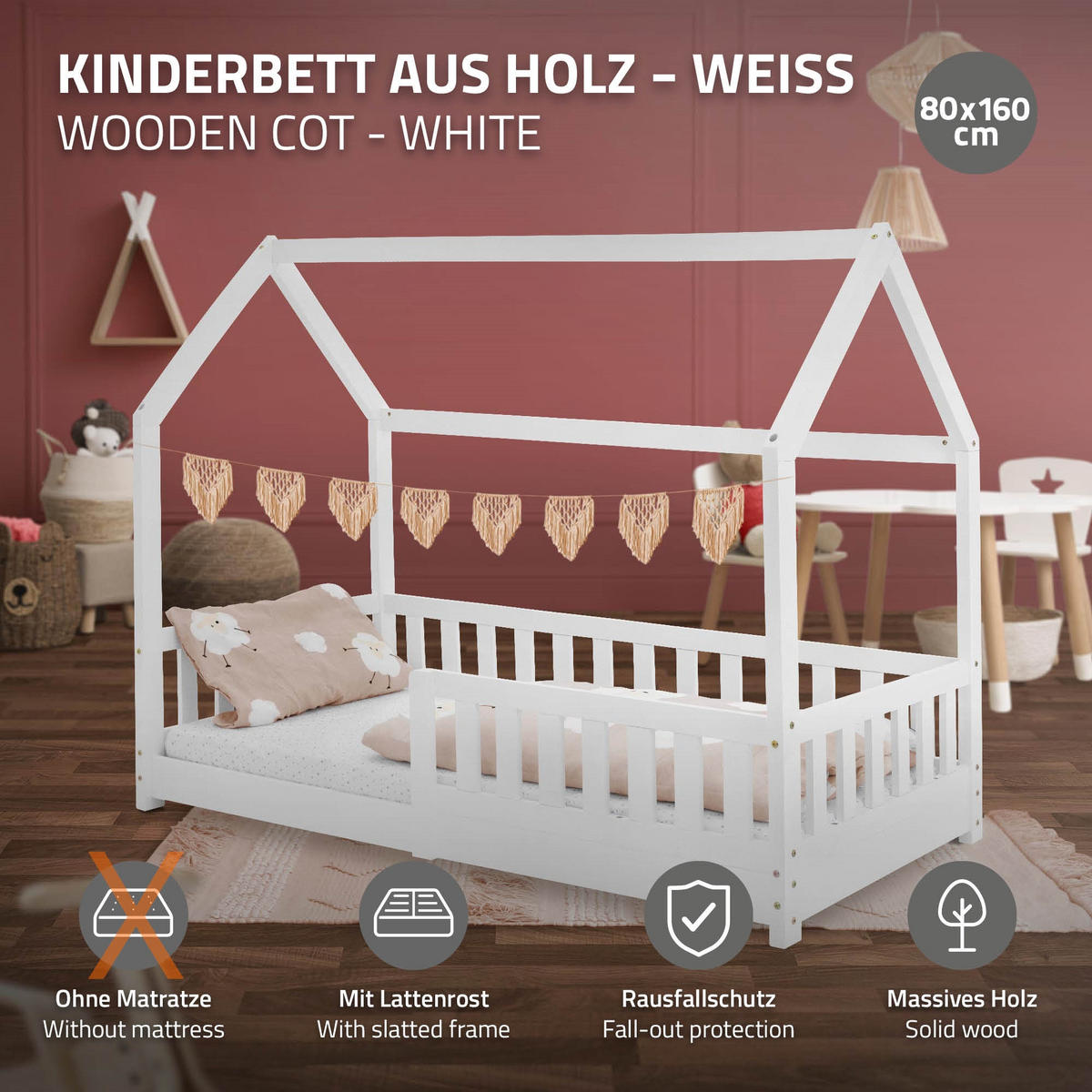 KINDERBETT mit Dach 80x160 cm Weiß - Weiß, Holz (80/160cm) - ML-DESIGN