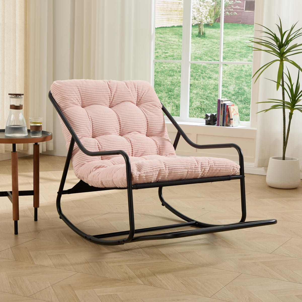 SCHAUKELSTUHL mit Dickem Kissen und Beinablage Rosa Metallrahmen für Garten Balkon Wohnzimmer - Pink, Metall (75/82/116cm) - PARAFTA HOME