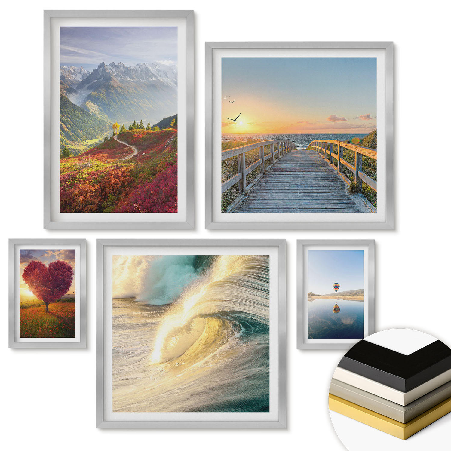 WANDBILDER 5er Set - 50x50 cm & 20x30 cm & 40x60 cm Silberner Rahmen - Landschaften Berge Wellen Baum Herz Pier - Silberfarben, Kunststoff (40/60cm) - ArtPrintCave