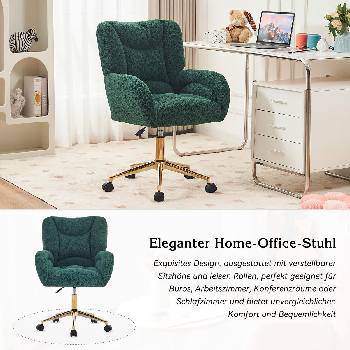 DREHSTUHL Teddy-Stoff mit höhenverstellbarem Sitz 64/62/92.5 cm Grün - Grün, Textil (62/92.5/64cm) - Redom