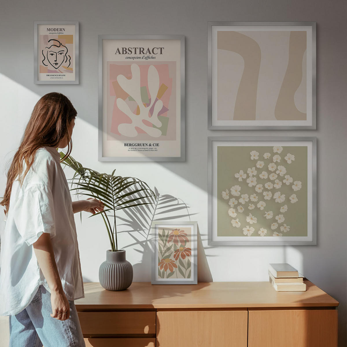 BILDER SET 5er Set - 50x50 cm & 20x30 cm & 40x60 cm Silberner Rahmen - Moderne abstrakte Frau - Silberfarben, Kunststoff (40/60cm) - TULUP