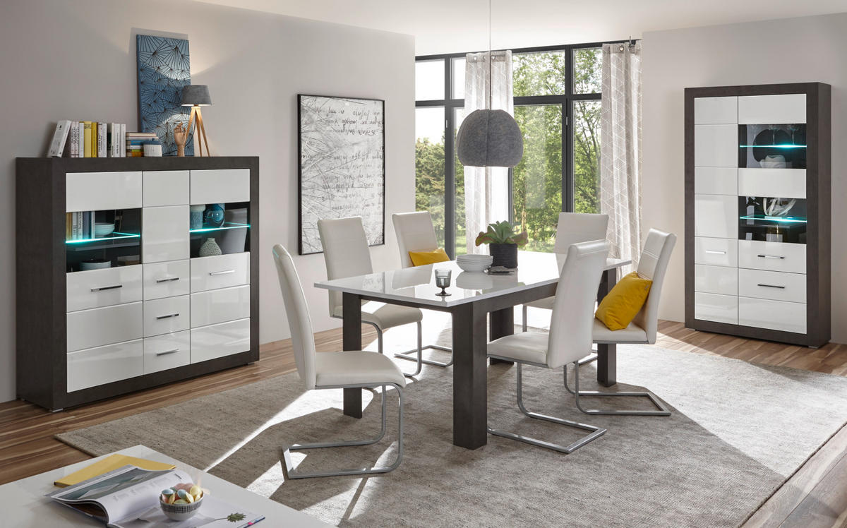 VITRINE weiß Hochglanz, grau Stone 100 cm, Vitrinenschrank mit 10 Fächern - Chromfarben/Weiß Hochglanz, Glas/Holzwerkstoff (100/198/35cm) - Furn.Design