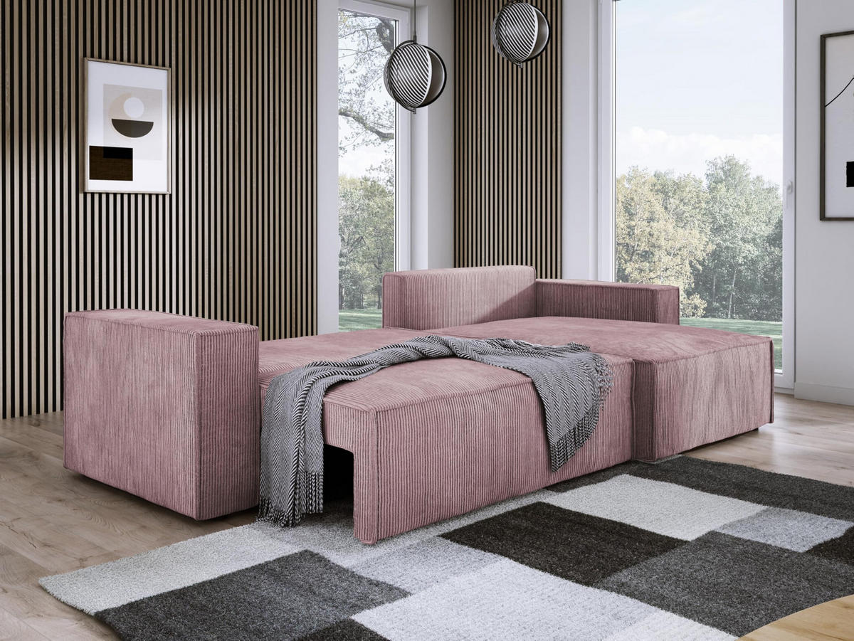 ECKSOFA POSO XL UNIVERSAL, Schlaffunktion und Lattenrost - L-Form, Cord, Federung auf Wellfedern, 274x143x83 cm, Rechts Pink - Pink, Holz/Textil (277/143cm) - DomoHome