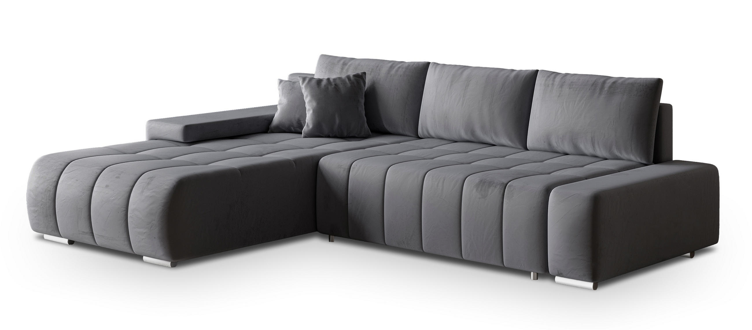 ECKSOFA ALESE L-S Grau Velours-Stoff mit Schlaffunktion - Grau, Holz (265/185cm) - MASSENO