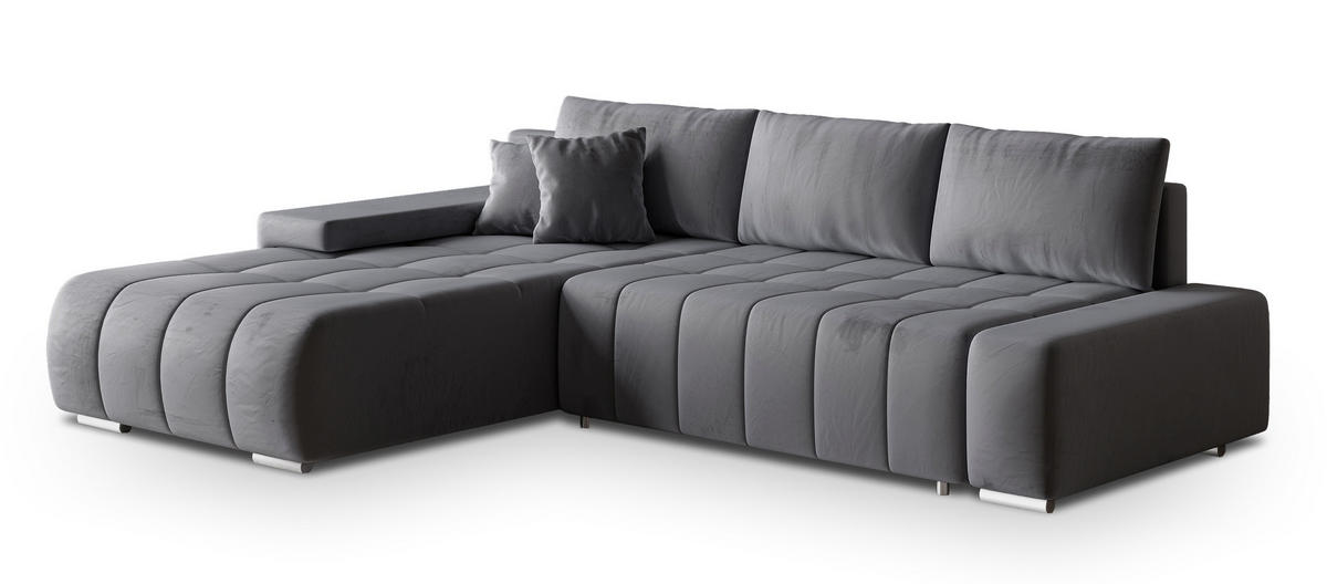 ECKSOFA ALESE L-S Grau Velours-Stoff mit Schlaffunktion - Grau, Holz (265/185cm) - MASSENO