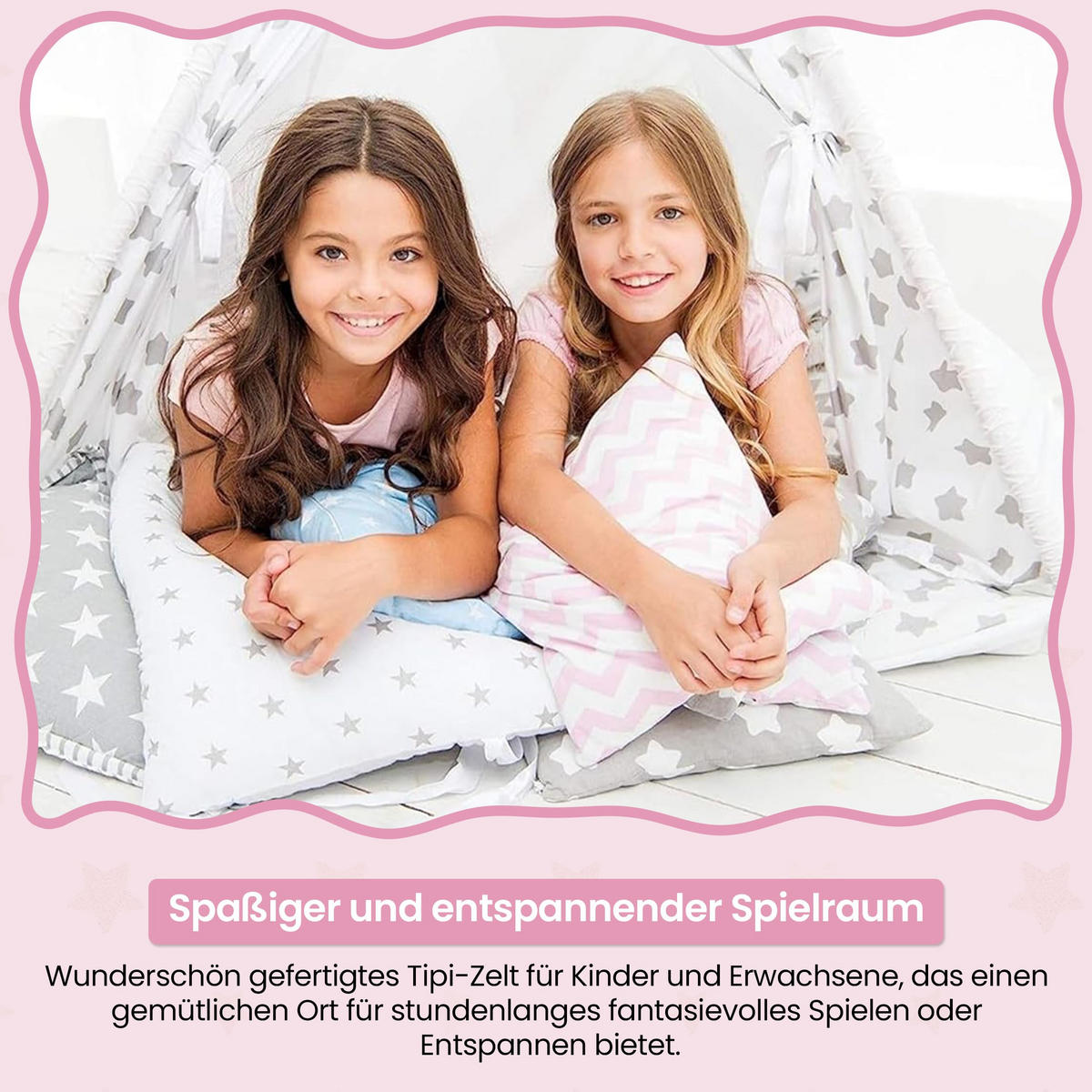 TIPI-ZELT 105 x 105 x 140 cm Sterne rosa mit weichen Kissen | Spielzelt für Kinderzimmer Indoor - Magenta, Textil (105/105cm) - Best for Kids