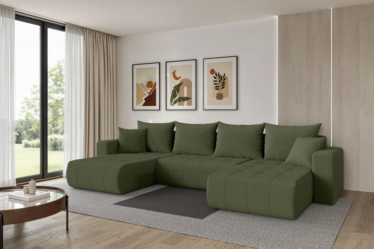 SEDACÍ SOUPRAVA DO U s funkcí spaní a úložným prostorem MILA-U 378x194x86 zelená bouclé - černá/zelená barva, kompozitní dřevo/textil (378/86/194cm) - ALTDECOR