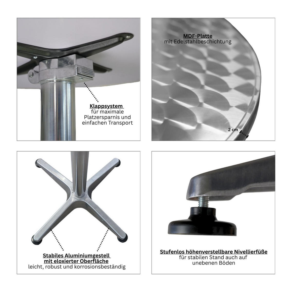 STEHTISCH mit Hussen klappbar HxØ 75-115x60cm MDF-Platte mit Edelstahlbeschichtung Silber - Silberfarben, Metall (115/60/115cm) - CHEFGASTRO