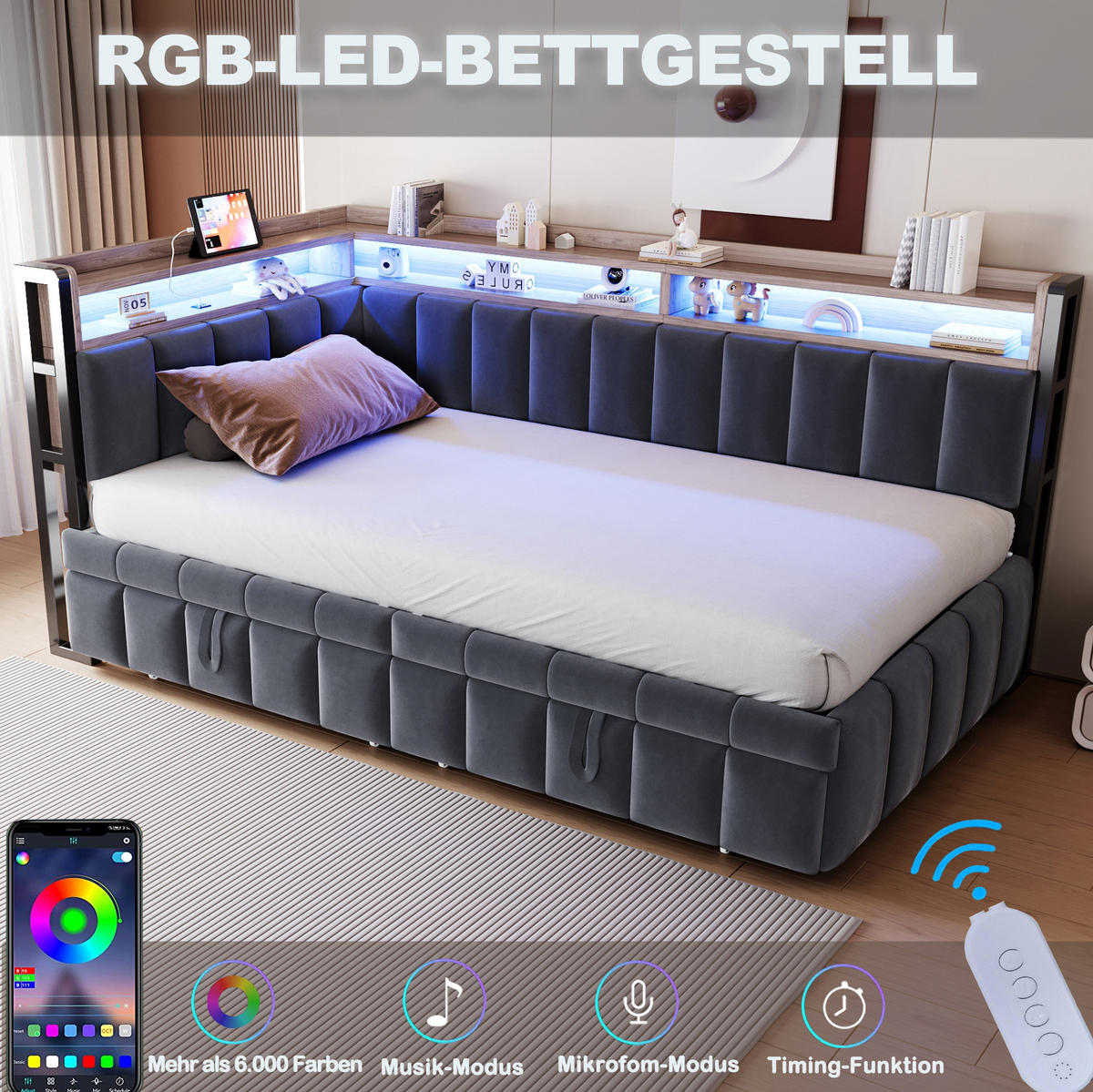POLSTERBETT Schlafsofa aus Samt 90x200 cm Grau mit Ausziehbett, LED-Beleuchtung, USB- und Typ-C-Anschlüssen - Grau, Textil (90/200cm) - Modfu