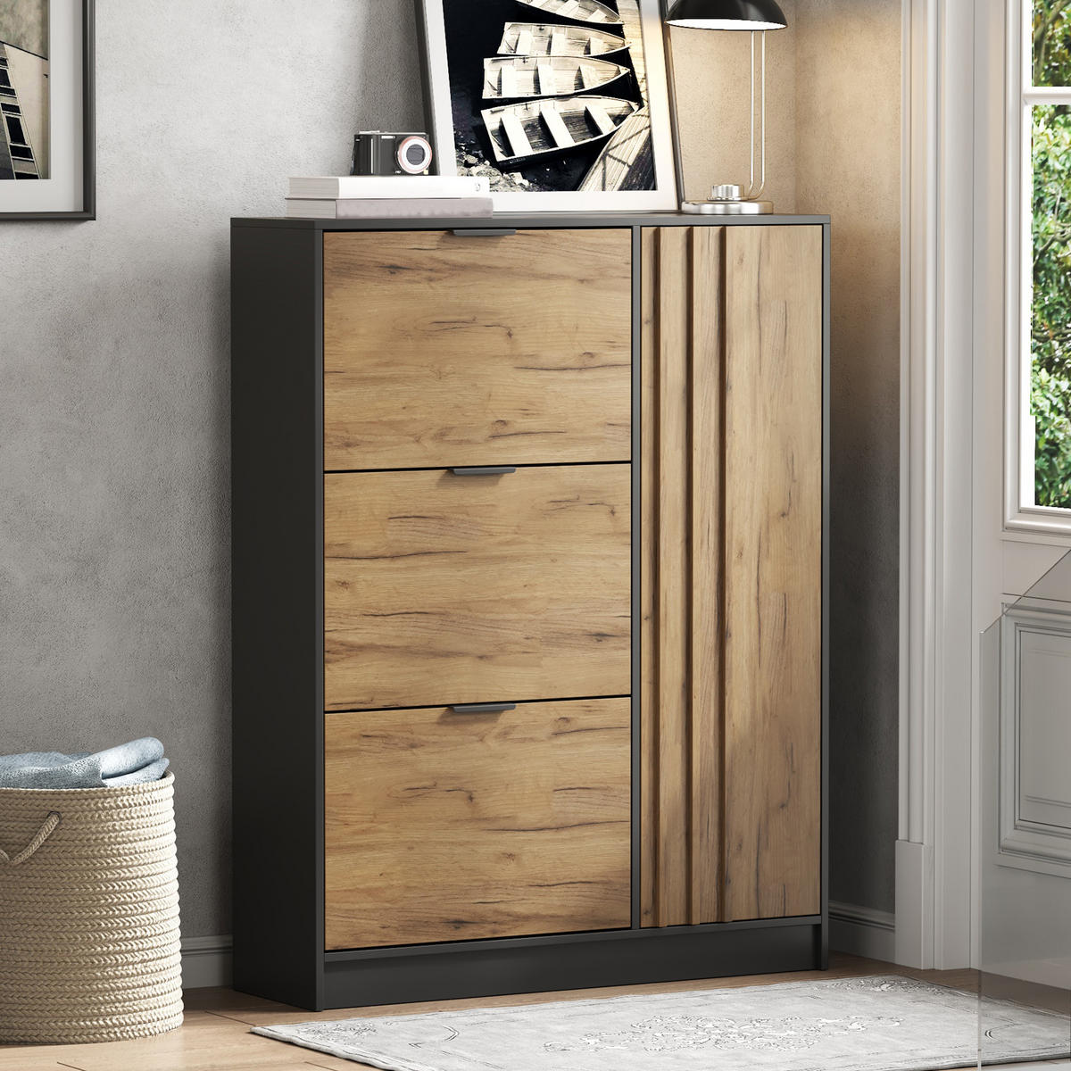 SCHUHSCHRANK Standschrank mit Klappfächern und Einlegeböden, geschlossenem Fach, MDF kompakt Stauraum Natur - Naturfarben, Holzwerkstoff (100/130/30cm) - EVRYAE