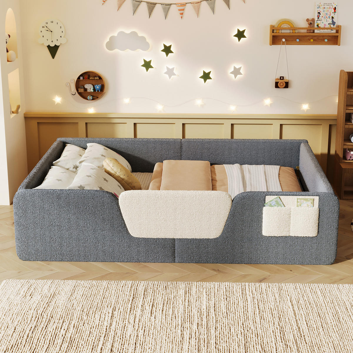 KINDERBETT 140/190 cm mit abnehmbaren Seitengittern, Stofftasche und Veloursbezug, Grau - Grau, Textil (140/190cm) - Redom