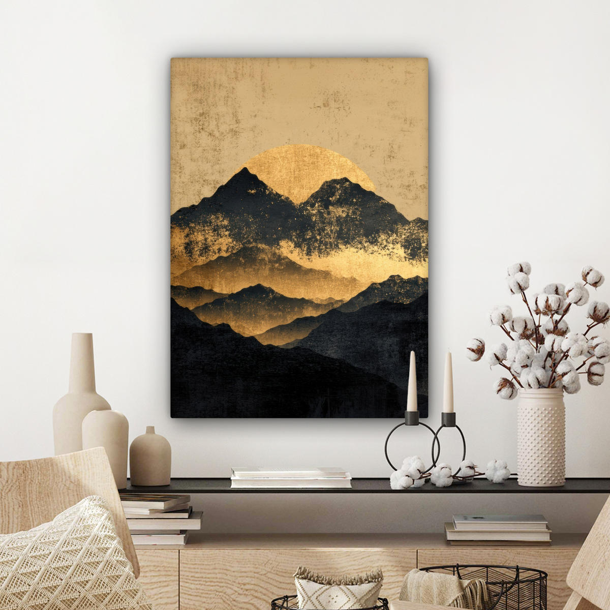 LEINWANDBILD Goldene Berge bei Mondschein Wandbild Wohnzimmer 60x80 cm - Goldfarben, Textil (60/80cm) - MuchoWow