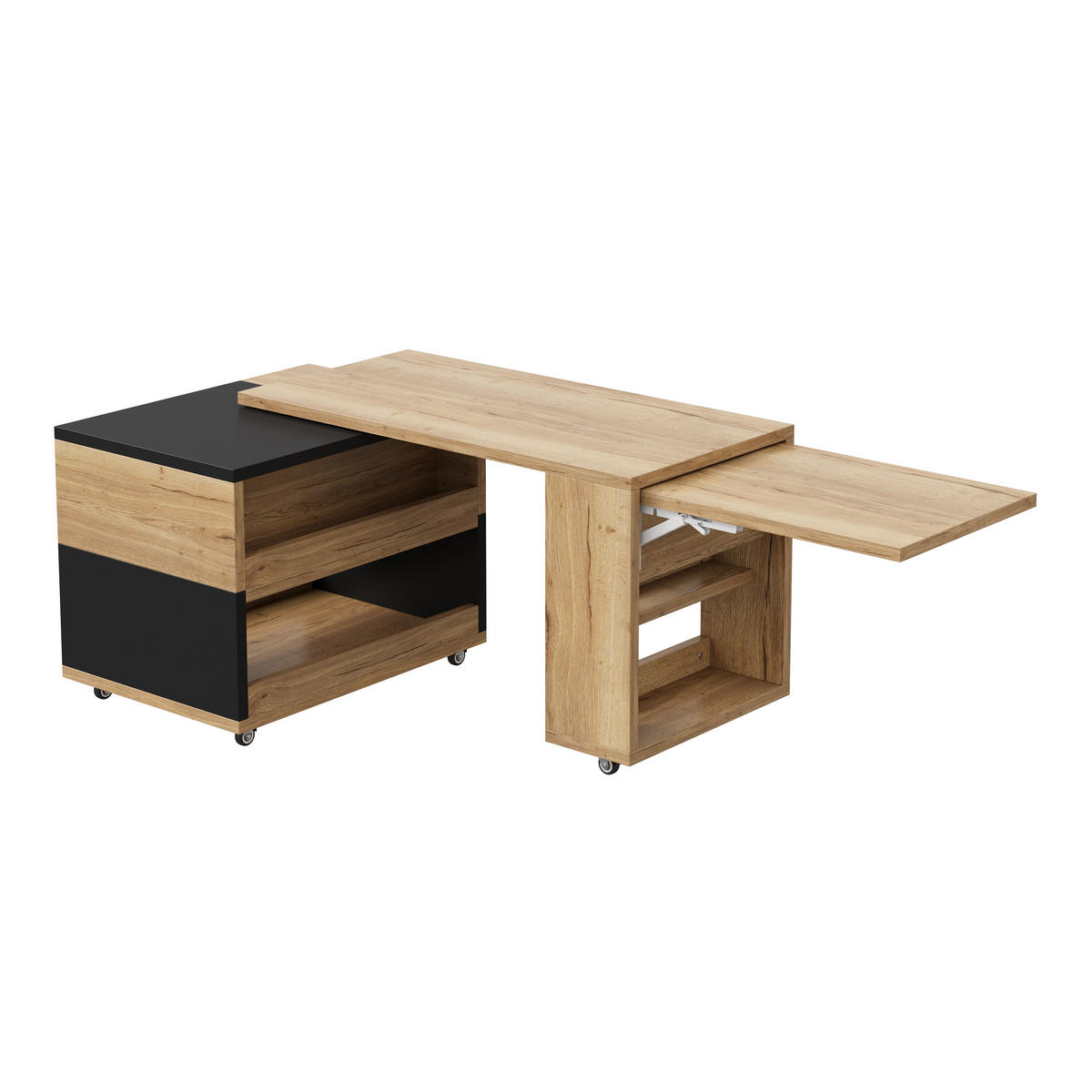COUCHTISCH 360° drehbar mit Liftfunktion, Stauraum/Rollen, ausziehbar, - Eichefarben/Schwarz, Holz/Kunststoff (50/120/55cm) - LVHOM