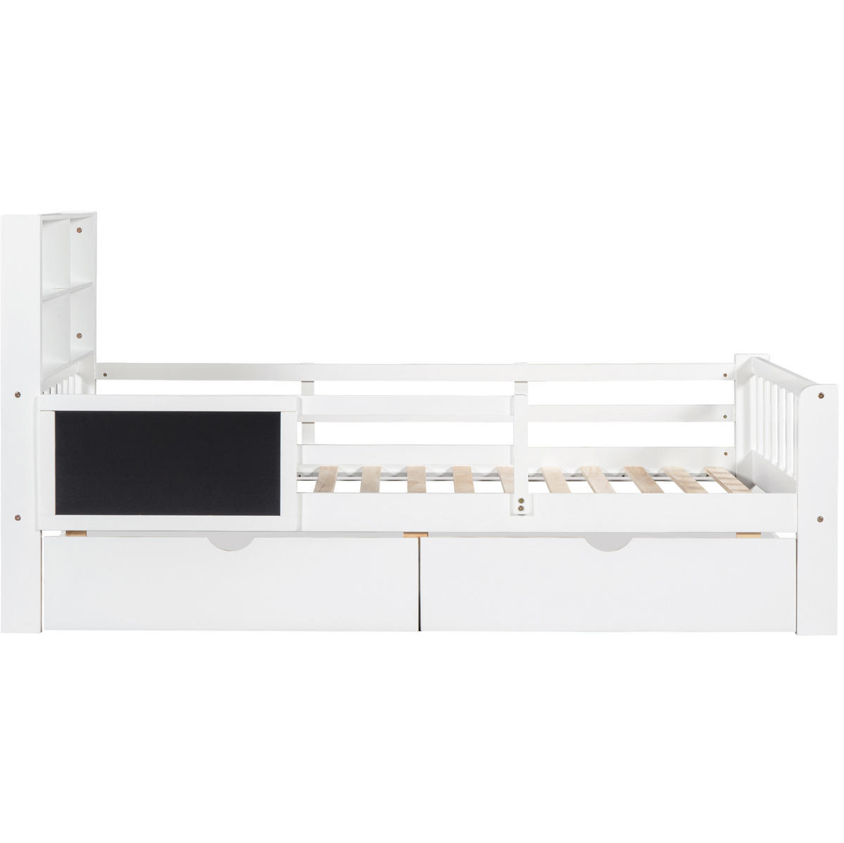 DETSKÁ posteľ 90/200 cm biela s tabuľou, zásuvkami a policou z masívneho dreva a MDF - biela, drevo (90/200cm) - OKWISH