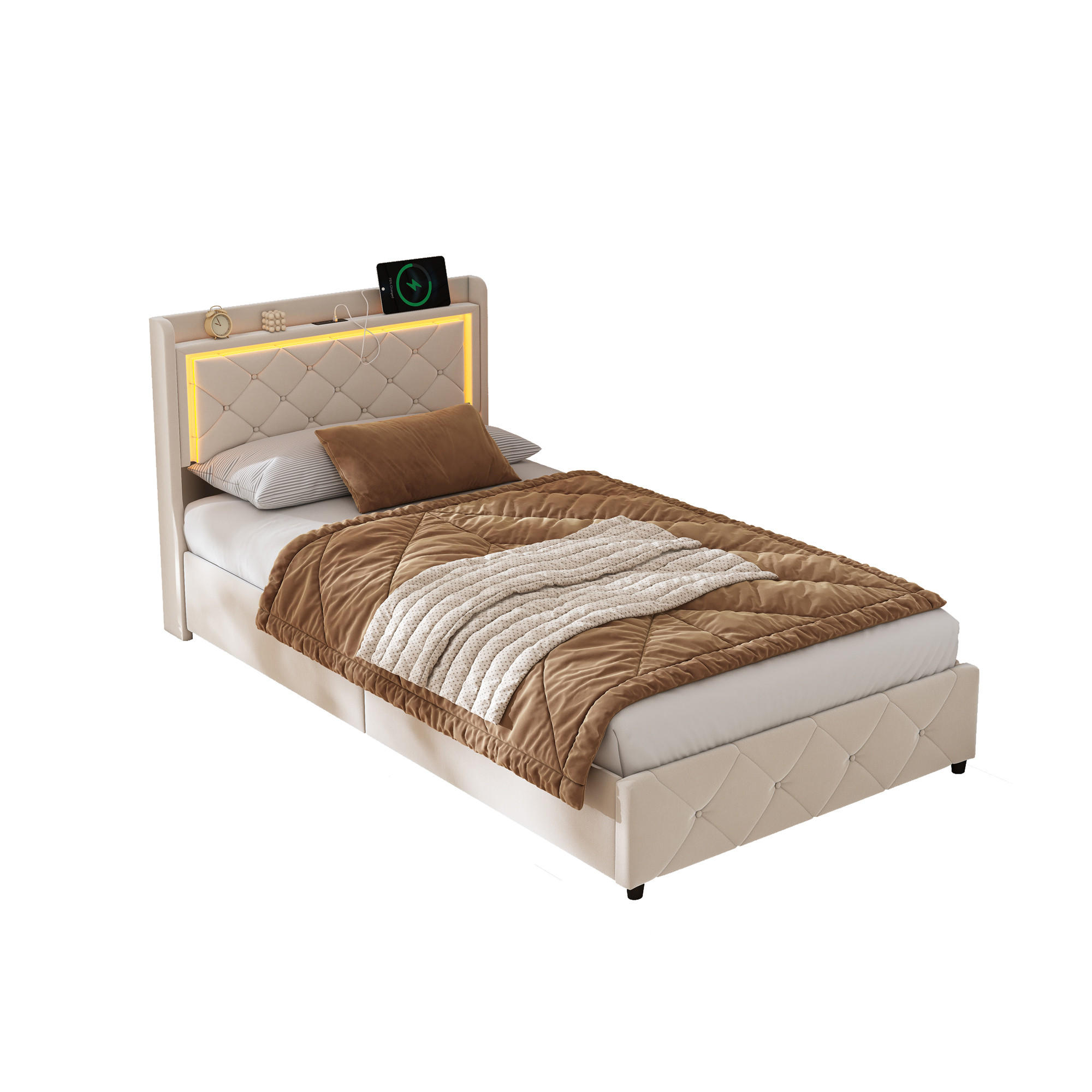 POLSTERBETT 90x200 cm mit LED, USB, 2 Schubladen, Samt, Beige - Beige, Holz (90/200cm)