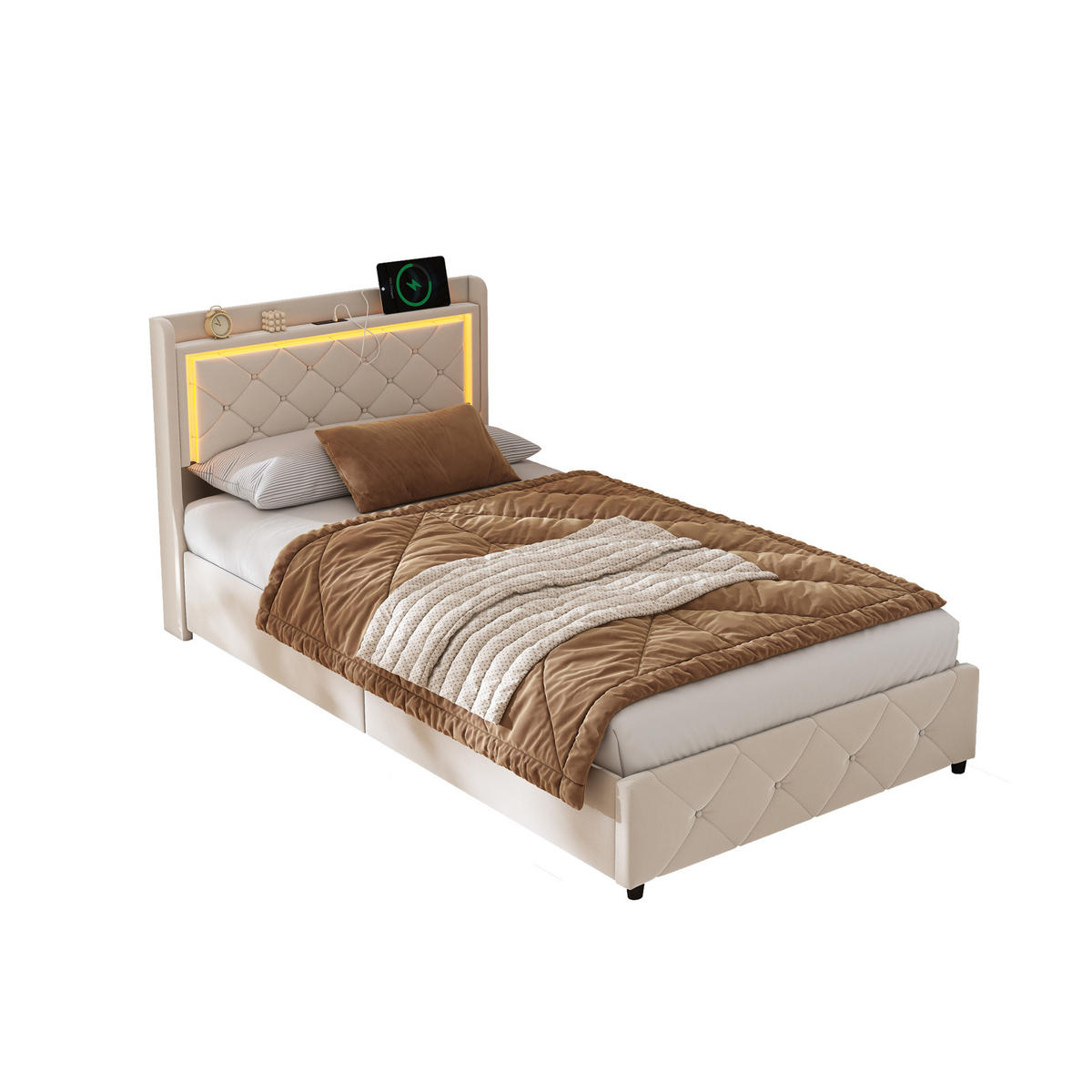 POLSTERBETT 90x200 cm Beige mit LED, Stauraumkopfteil & USB-C - Beige, Holz (90/200cm)