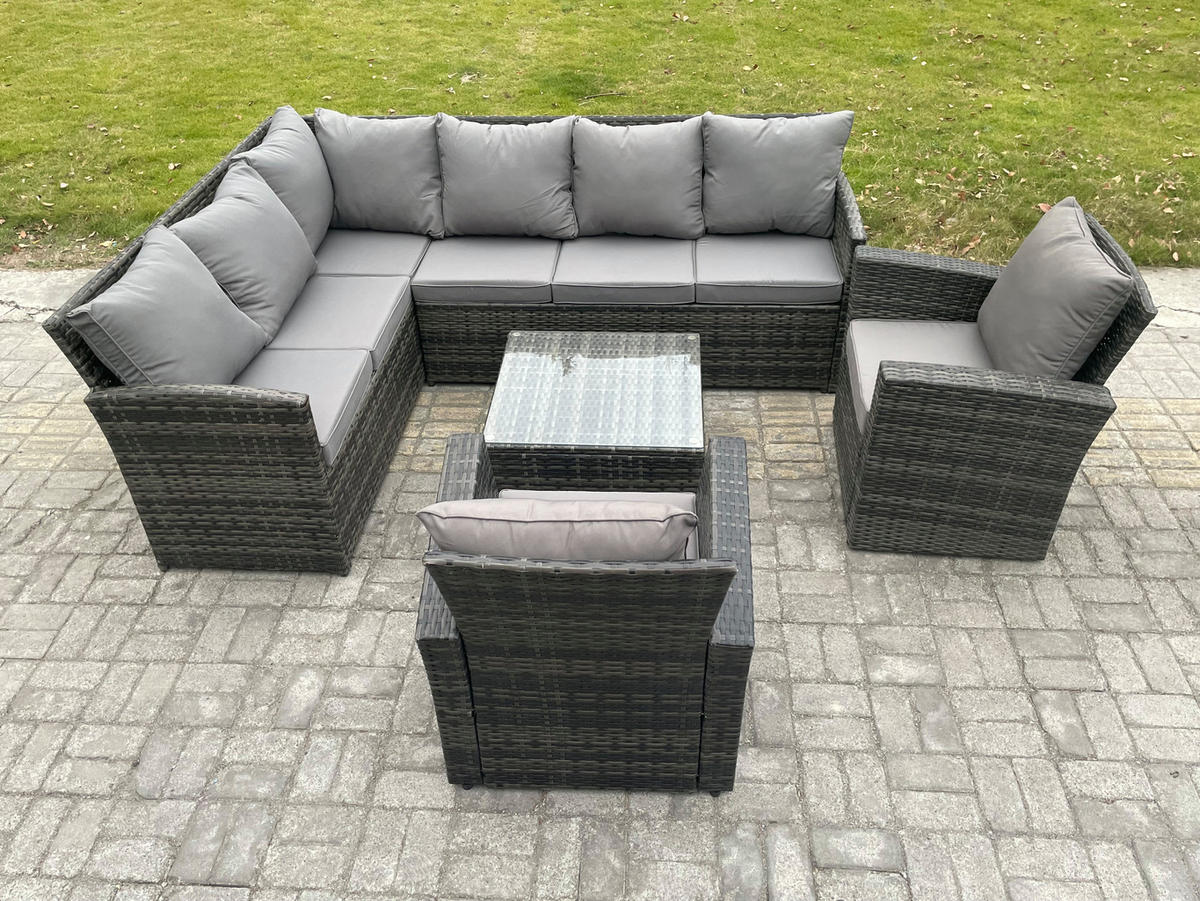 GARTENGARNITUR mit Ecksof,Couchtisch,Stuhl Polyrattan Dunkelgrau 8-Sitzer - Dunkelgrau/Grau, Glas/Kunststoff - Fimous