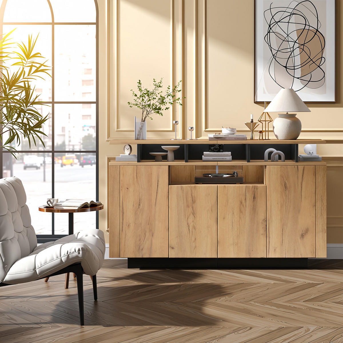 SIDEBOARD 140 cm Naturholz & Schwarz mit 4 Türen & offenen Fächern im modernen Stil - Naturfarben, Holzwerkstoff (140/85/40cm) - Urban Meuble