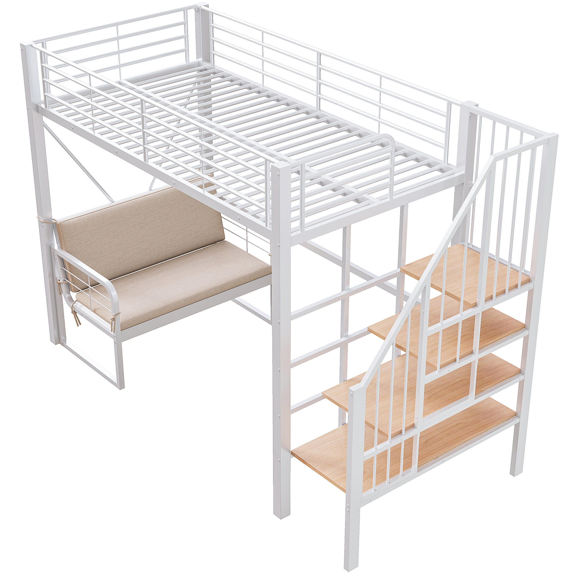 HOCHBETT 90/200 cm DE-01525, in Weiß, mit Polstersofa, Stauraum und Sicherheitstreppe - Weiß, Metall (90/200cm) - ComfortXL