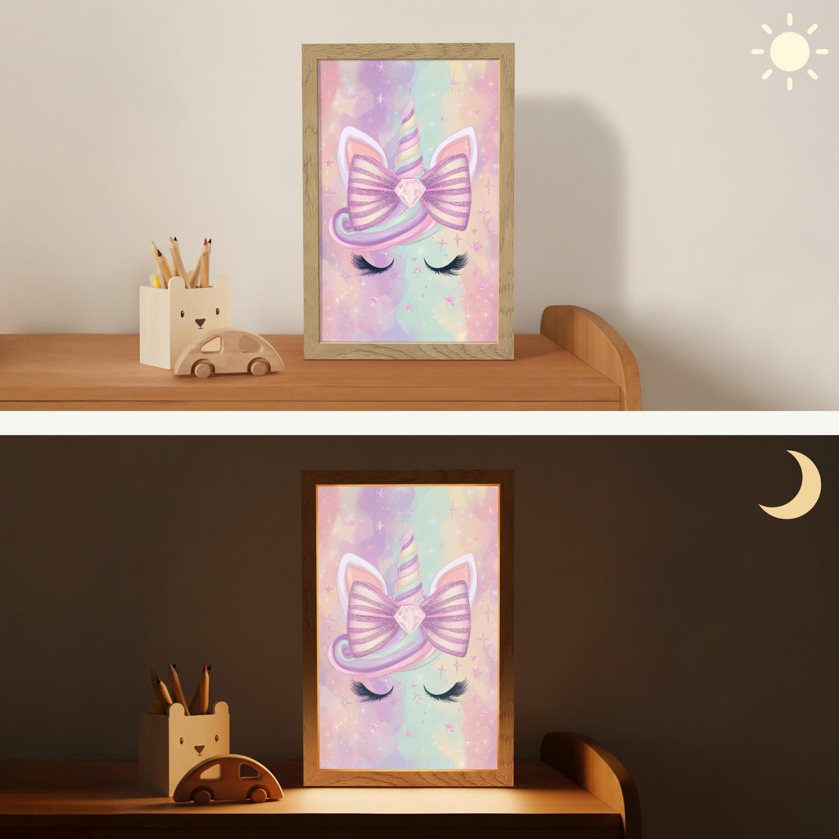 NACHTTISCHLAMPE Einhorn - Glitzer - Regenbogen - Pastell 20x30 cm - Hellrosa, Holzwerkstoff (8/20/30cm)