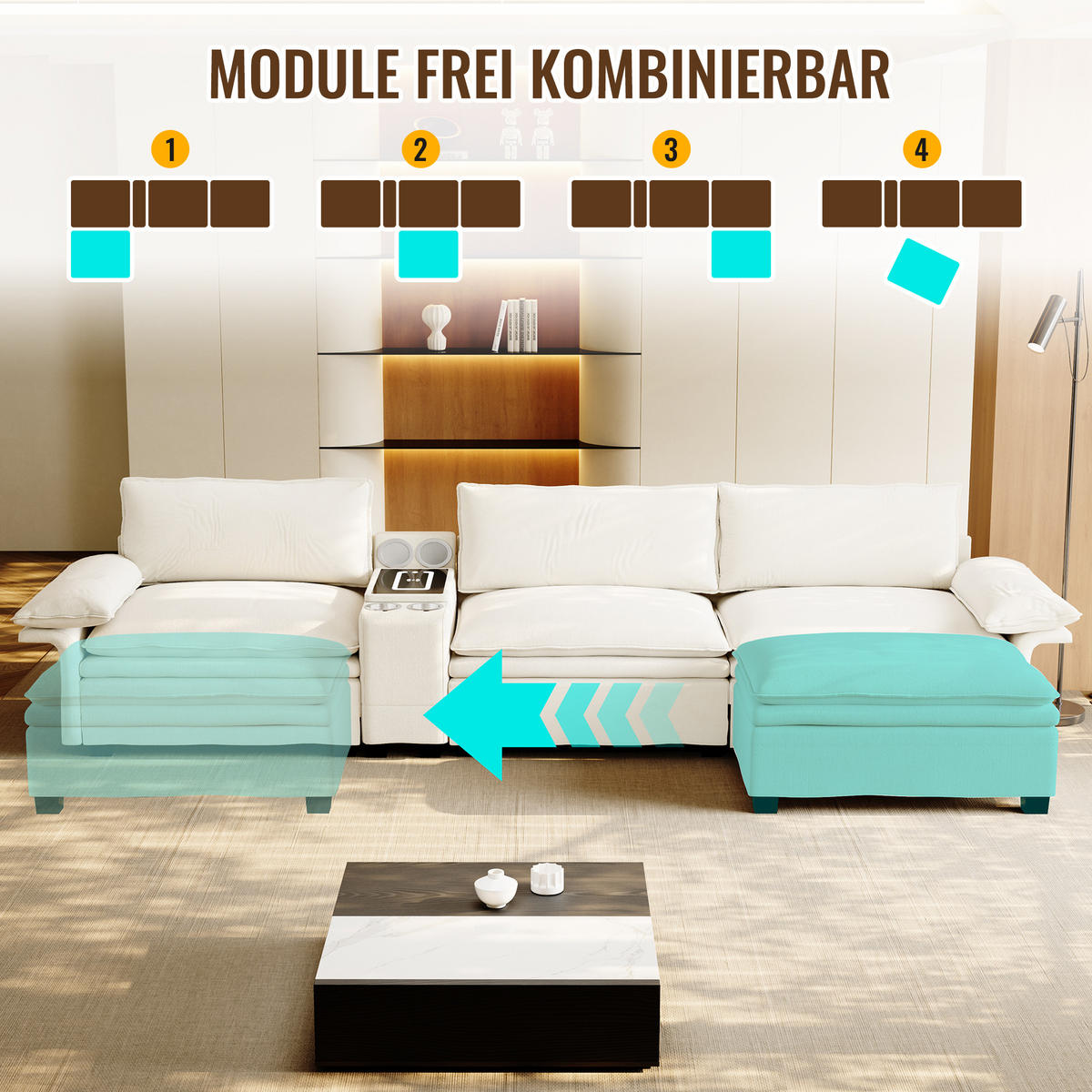 ECKSOFA 315/70/85 cm Beige mit Fußhocker, kabelloses Laden, Lautsprecher, Licht und 2 Getränkehalter - Beige, Textil (315/70cm) - Oxeza