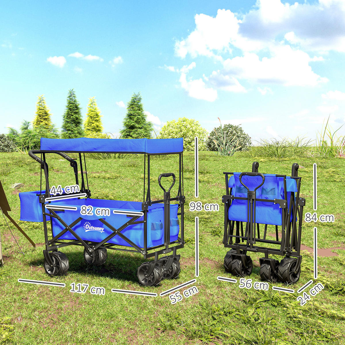 GARTENWAGEN DE-18763 klappbar mit Dach & All-Terrain-Rollen Blau - Blau, Metall (55/98/117cm) - ComfortXL