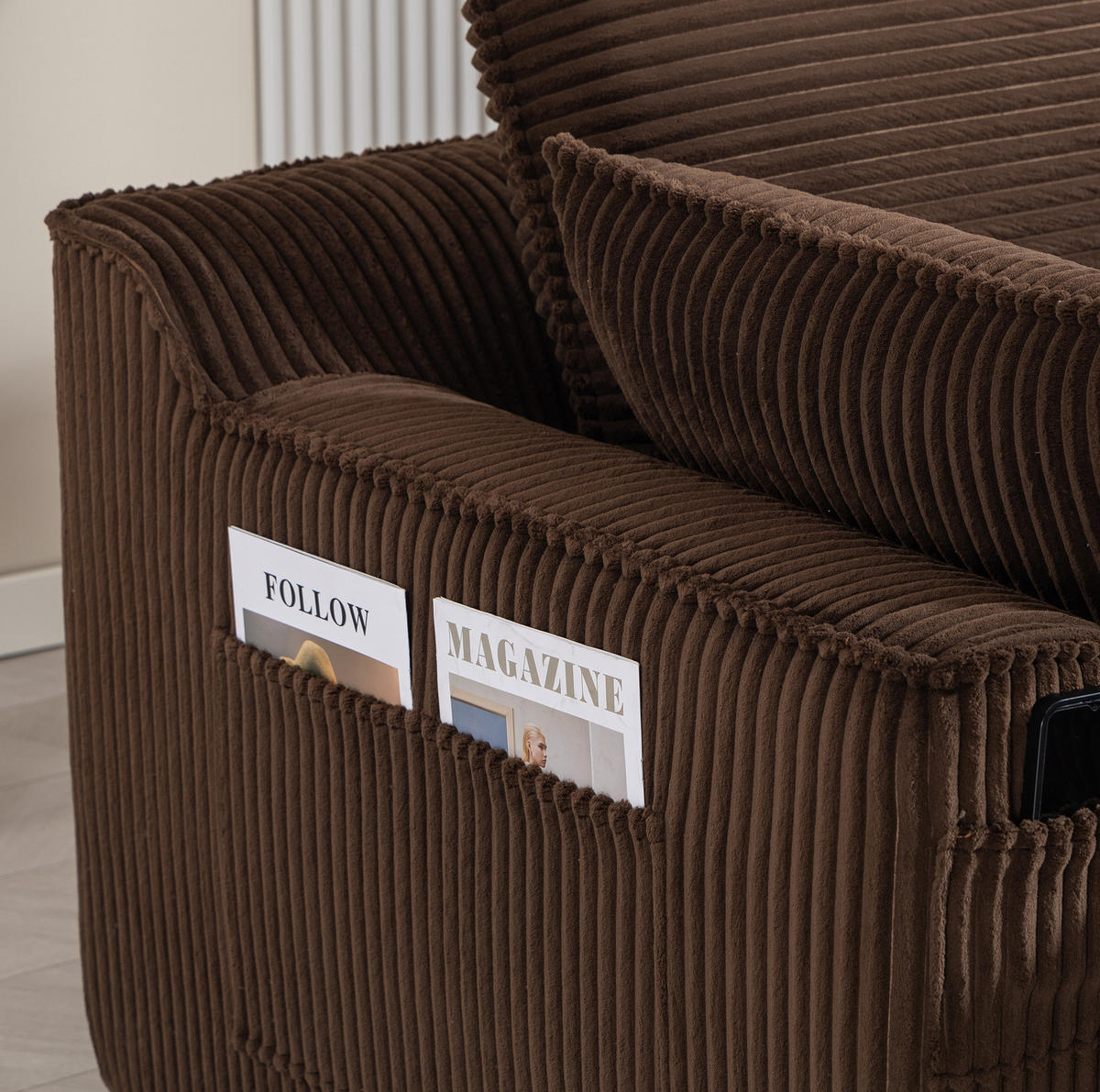 3-SITZER-KORDSOFA 263/167/85 cm mit Hocker, Kissen, Seitentaschen und Federkern, Braun - Braun, Textil (263/85/167cm) - Redom