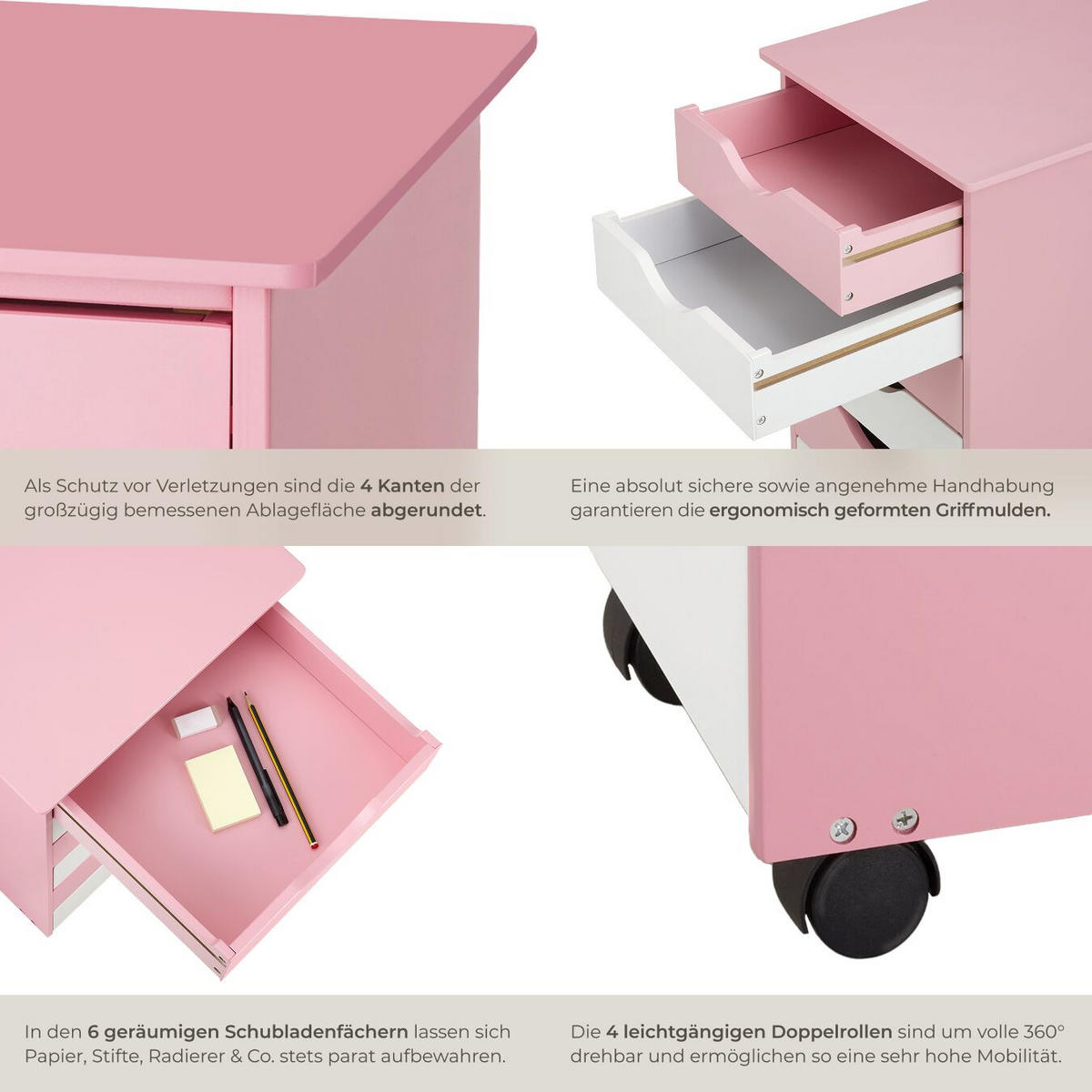 ROLLCONTAINER ,einfache Montage, 36 x 40 x 65 cm,rosa - Rosa, Holz (40/65/36cm) - tectake