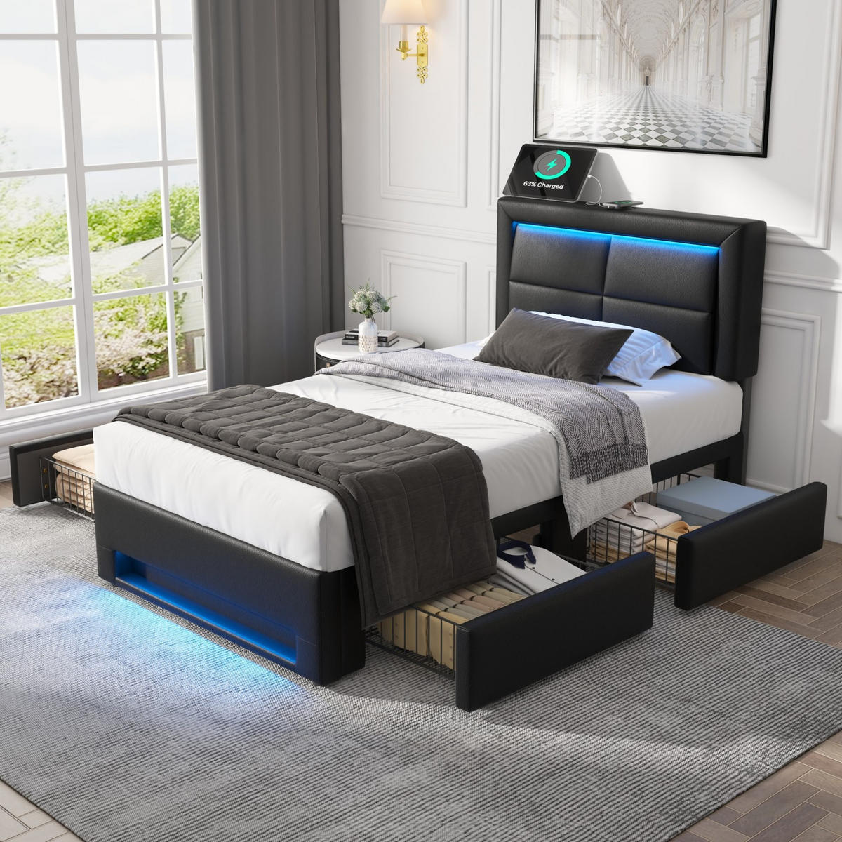 POLSTERBETT mit USB, LED und 4 Schubladen 90x200 cm PU Schwarz - Schwarz, Metall (90/200cm) - Meubliv