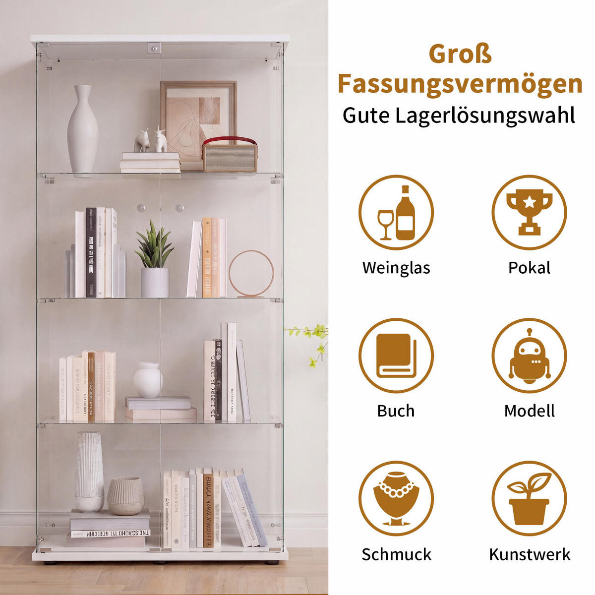 GLASVITRINE Weiß mit 2 Tür 4 Etagen mit Schloss - Weiß, Glas (36.32/164.34/80.52cm) - BPKADHY